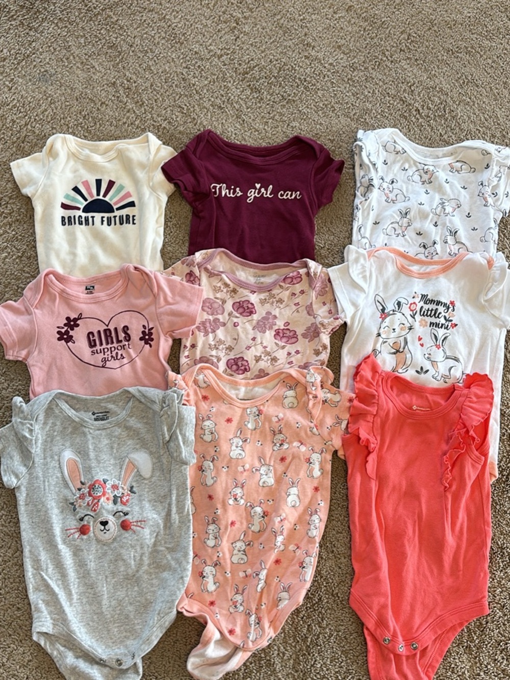 Assorted Baby Girl Onesies - Pink, Coral, Maroon, Gray, Cream